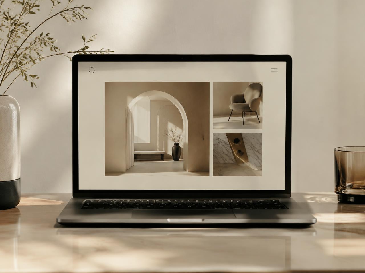 Concept website for an interiors studio displayed on a laptop